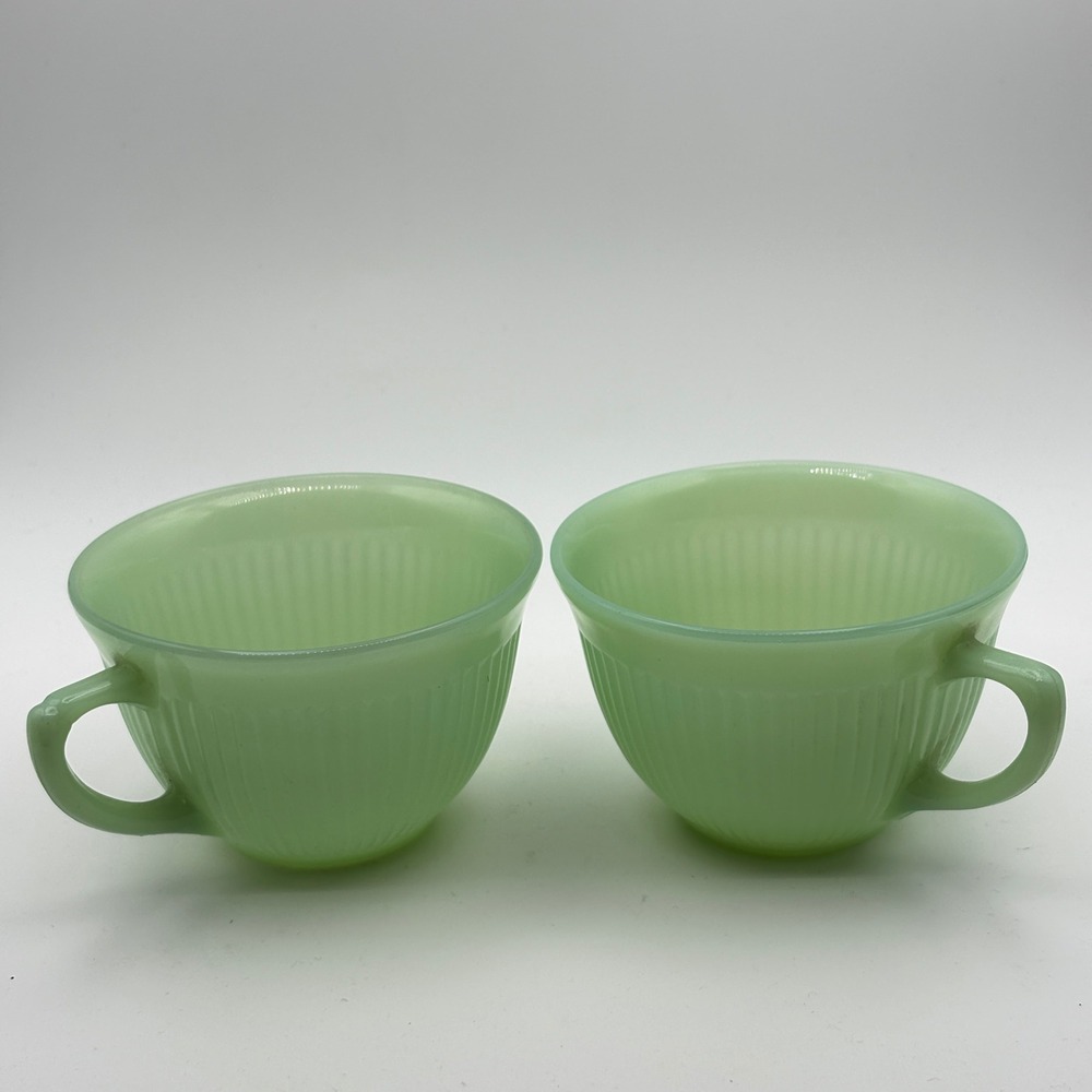 Fire-King Coffee Cup Set of 2 Jane Ray Jadeite Green Ribbed Glass MCM USA
